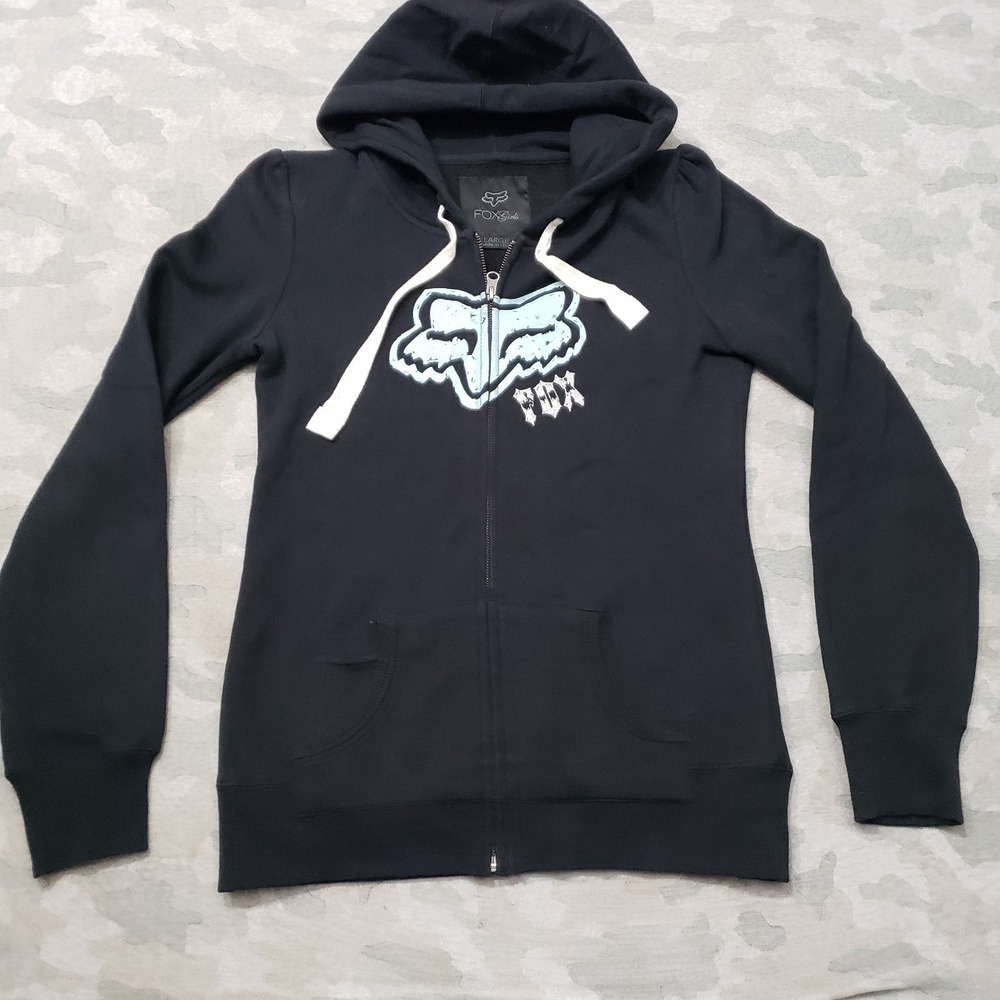Vintage Fox Girls Sweatshirt Women Large Black Y2k Motorcycle Zip Pockets Hoodie